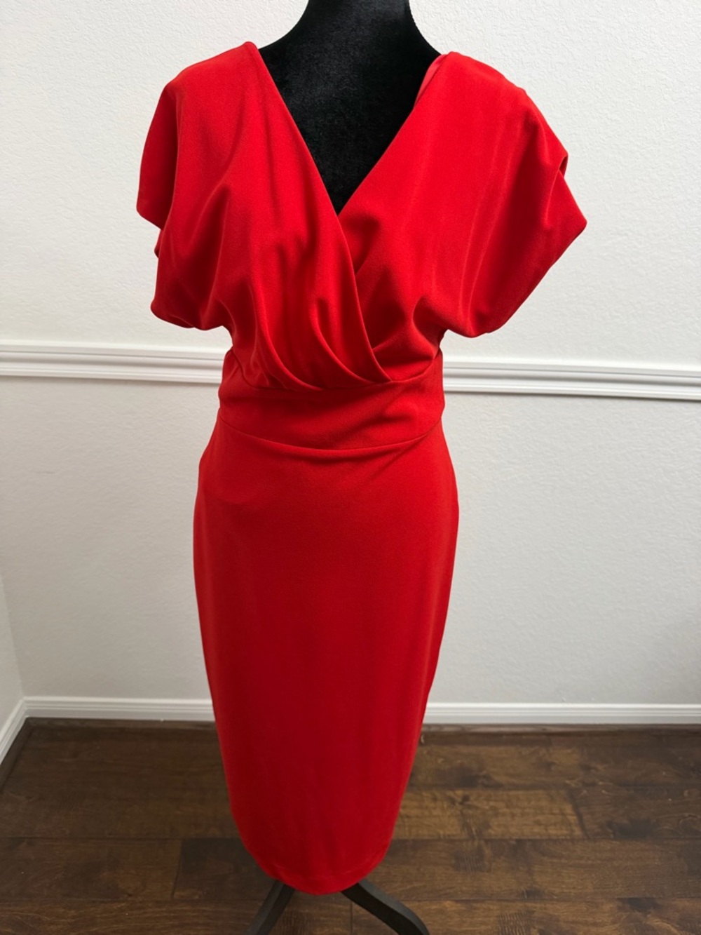 Red V-Neck Draped Waist Sheath Dress